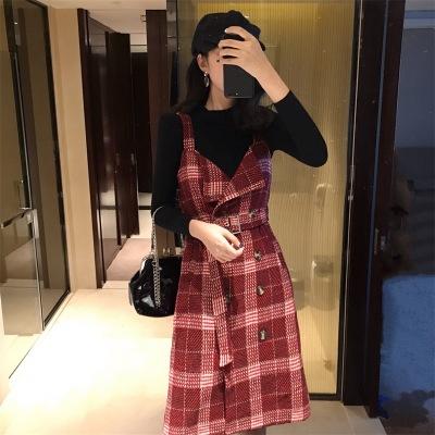 【服饰鞋包】复古女装温柔风格子打底裙子收腰背带裙中长款连衣裙 商品图0