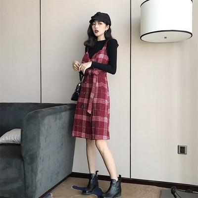 【服饰鞋包】复古女装温柔风格子打底裙子收腰背带裙中长款连衣裙 商品图1