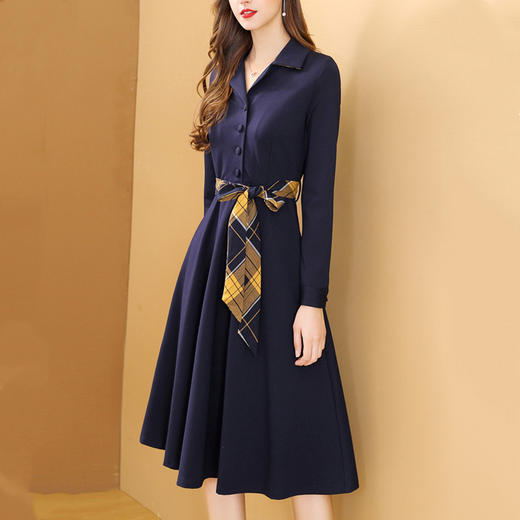 212下架通勤v领连衣裙新款系带修身中长款a字裙含腰带mmz8745