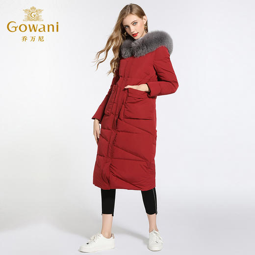 乔万尼羽绒服女红色时尚宽松超大真毛领加厚保暖过膝长款EB4T078 商品图2