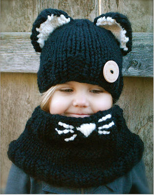 欧美外贸热销狐狸手工儿童猫咪毛线帽子围脖两用宝宝冬保暖针织帽 商品图0
