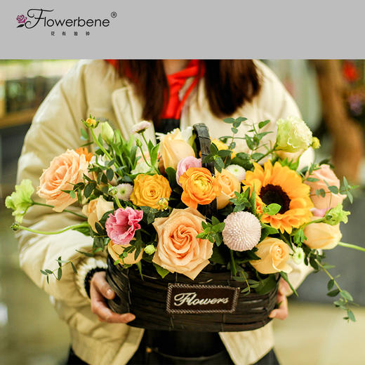 Flowerbene【花有独钟】私人订制鲜花抱抱桶花篮手提花篮 商品图3