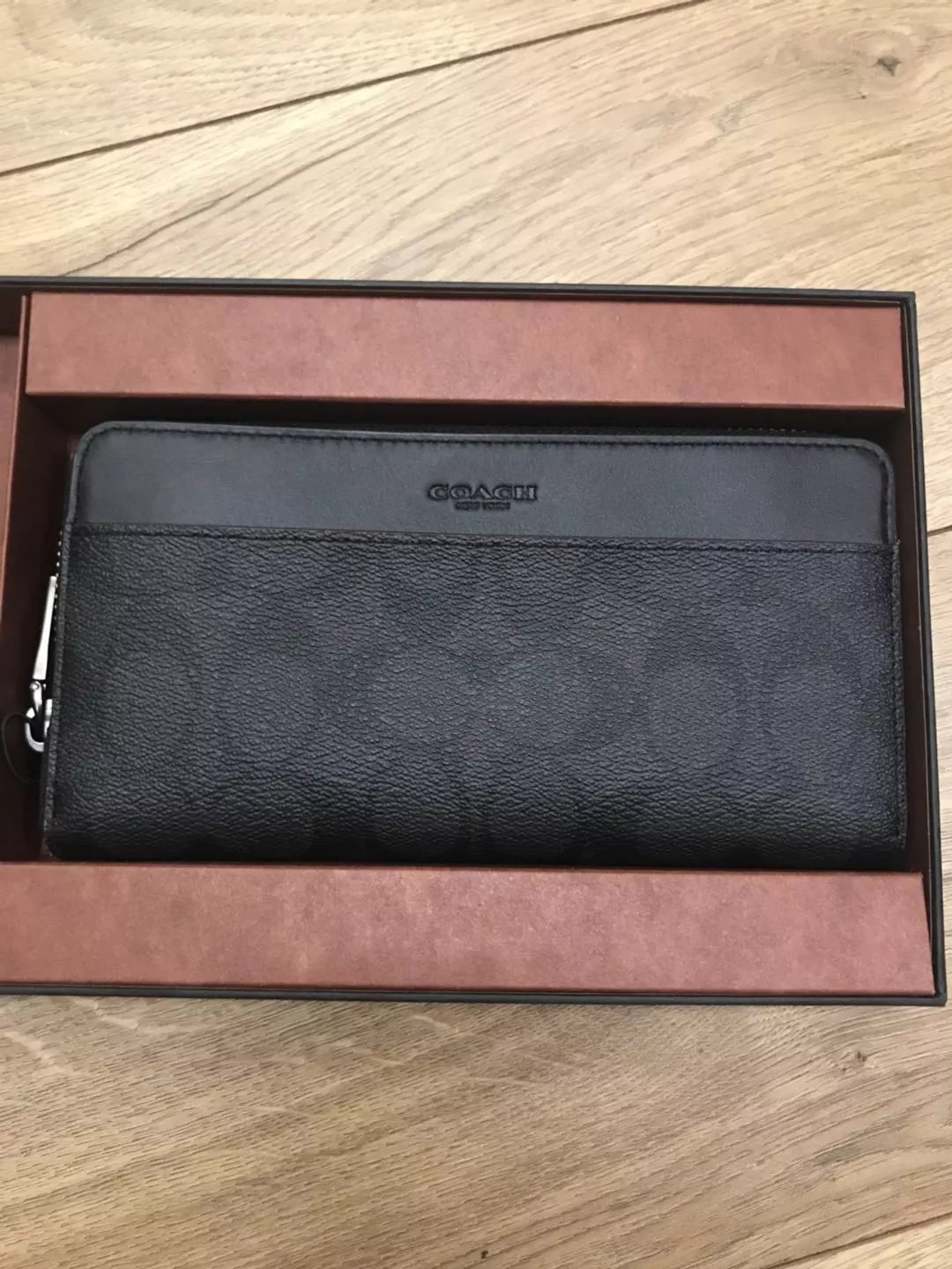 现货特价秒杀2件coach蔻驰时尚男士长款经典钱包礼盒装经典款深灰色