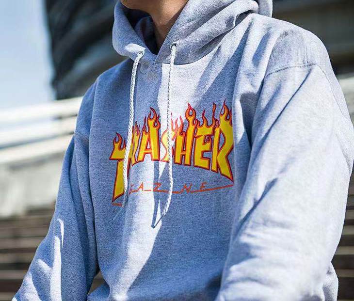 美潮thrasher火焰logo情侣款落肩宽松连帽套头抓绒卫衣wy197