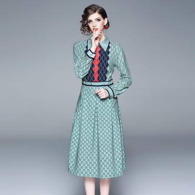 【服饰鞋包】小众女装 春季新品时尚翻领长袖a字连衣裙 中长裙 印花 商品图1