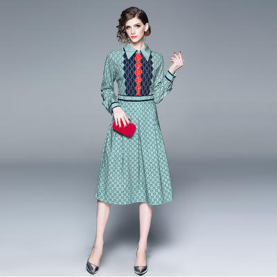 【服饰鞋包】小众女装 春季新品时尚翻领长袖a字连衣裙 中长裙 印花 商品图0