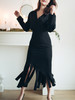 AtelierMissLu / Claudia 黑色V领流苏摆连身裙 商品缩略图0
