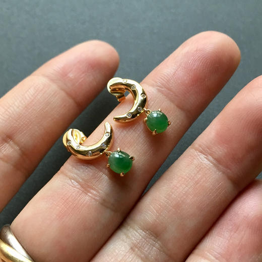 冰种阳绿翡翠耳钉18k黄金钻石镶嵌 商品图4