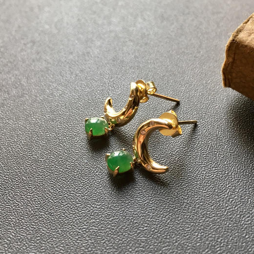 冰种阳绿翡翠耳钉18k黄金钻石镶嵌 商品图3