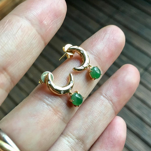 冰种阳绿翡翠耳钉18k黄金钻石镶嵌 商品图7