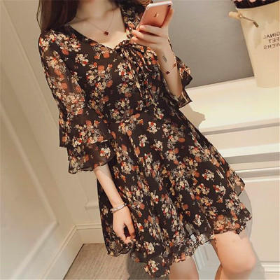 【服饰鞋包】韩版名媛气质收腰V领七分喇叭袖时尚碎花雪纺A字连衣裙女 商品图3