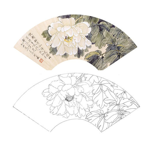 于非闇工笔花鸟白描底稿-扇面小品牡丹蜜蜂-YF63 商品图0