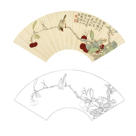 于非闇白描底稿 工笔花鸟 扇面朱英飞禽 Yf65 桔舍商城