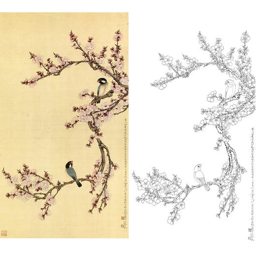 于非闇竖幅工笔花鸟白描底稿桃花小鸟yf57