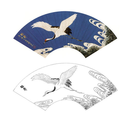 于非闇工笔花鸟白描底稿-扇面小品《松鹤图》-多种白描尺寸可选-YF64 商品图0