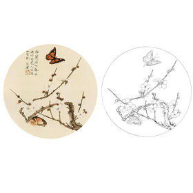 于非闇工笔花鸟白描底稿-圆形梅花小品-YF67