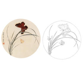 于非闇工笔花鸟白描底稿-圆形兰花小品-YF68