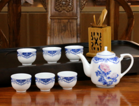 景德镇陶瓷 国瓷红叶 7头釉下手绘五彩茶具--富贵祥瑞