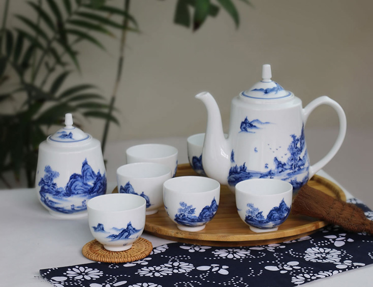 景德镇陶瓷 国瓷红叶 8头手绘青花绿茶具--山高水长