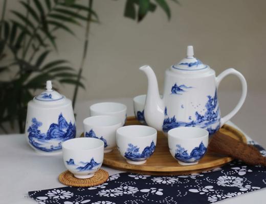 景德镇陶瓷 国瓷红叶 8头手绘青花绿茶具--山高水长 商品图0