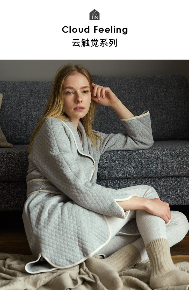 lasuntin云触觉系列青果领系带夹棉睡袍全棉居家加厚保暖家居服上