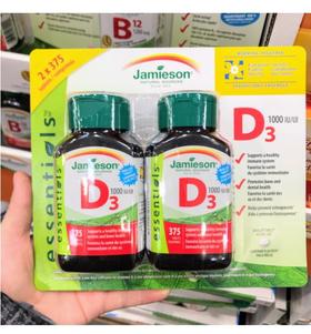 特价！2瓶装Jamieson 维生素D3 1000IU 促进钙吸收（375粒*2）Jamieson VD3 1000IU 2*375 Tablets 温哥华直邮