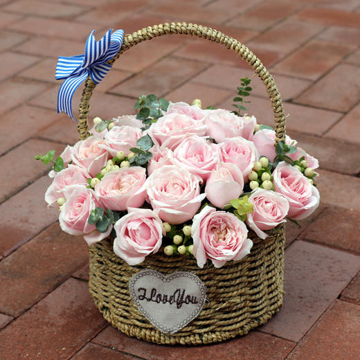 鲜花19朵粉玫瑰混搭鲜花手提花篮tlz25