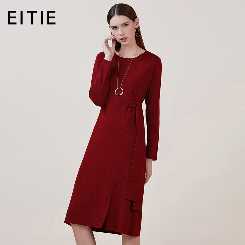 EITIE爱特爱品牌女装冬季修身圆领羊毛中长款毛织连衣裙5801514