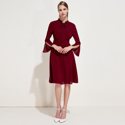 EITIE爱特爱品牌女装春季新款领口蝴蝶结拉链中腰连衣裙中裙A1907045 商品图1