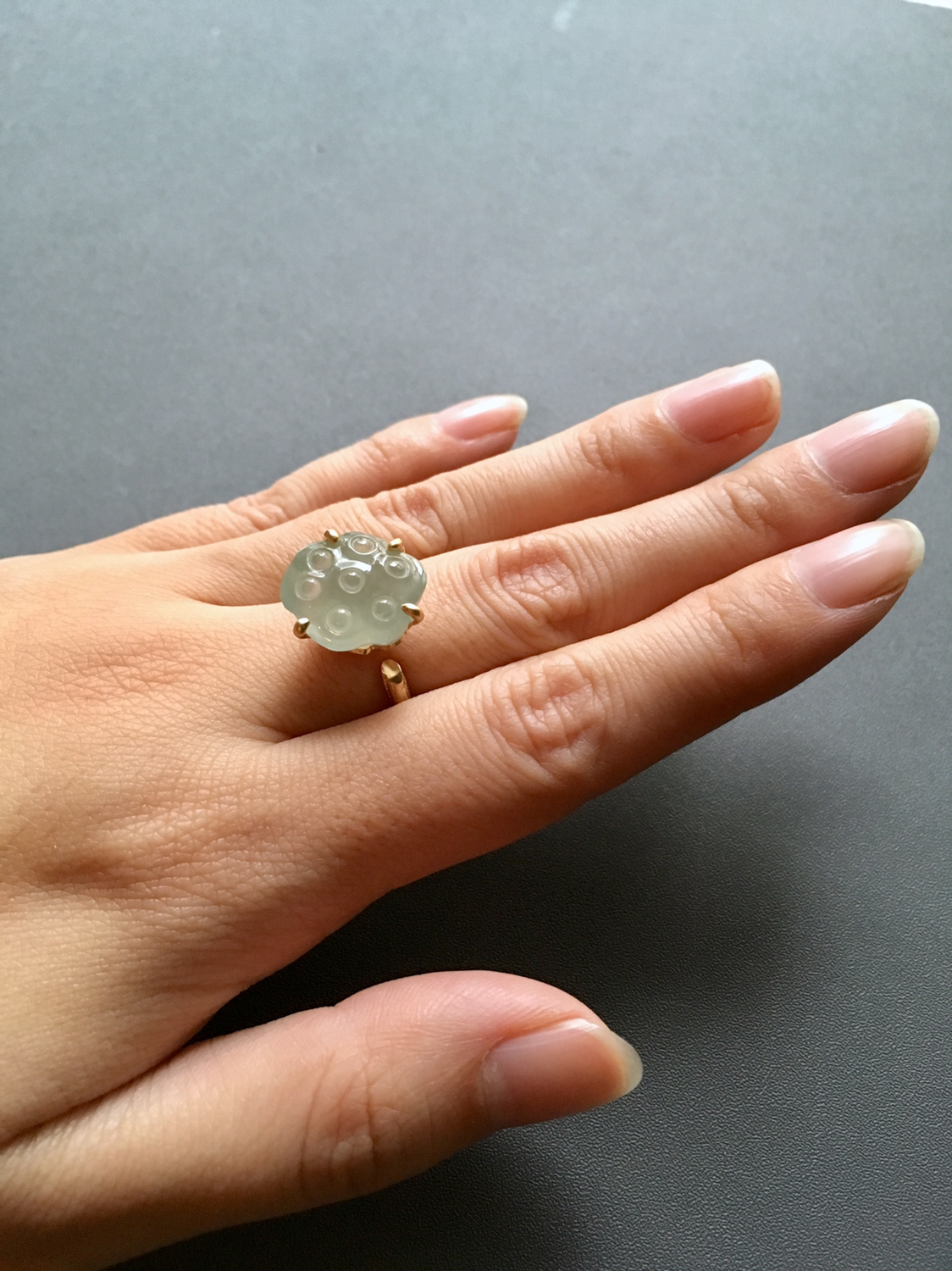 高冰种莲蓬翡翠戒指18k黄金镶嵌