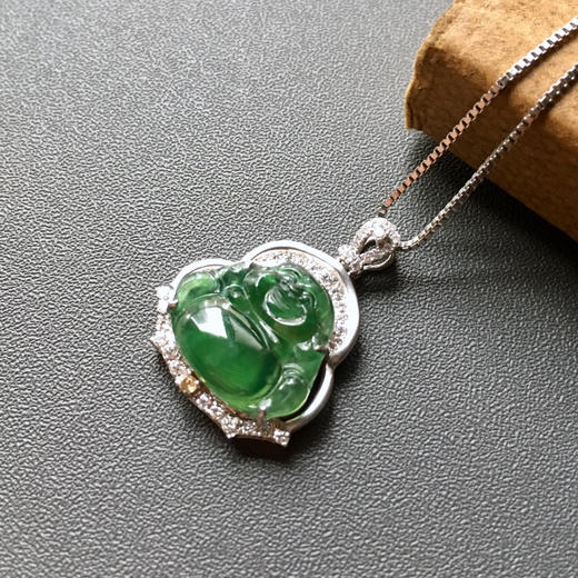 高冰种湖水绿翡翠弥勒佛18k白金钻石镶嵌 商品图3