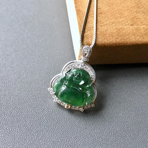 高冰种湖水绿翡翠弥勒佛18k白金钻石镶嵌 商品图6