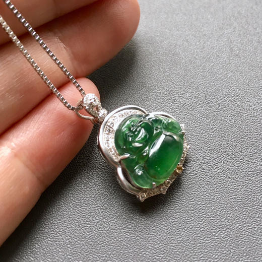 高冰种湖水绿翡翠弥勒佛18k白金钻石镶嵌 商品图5