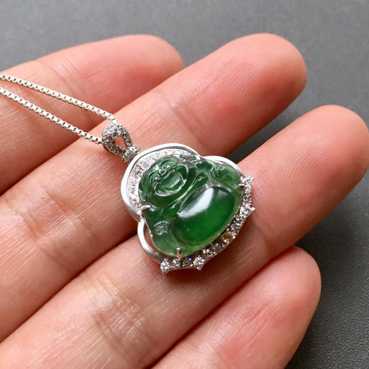 高冰种湖水绿翡翠弥勒佛18k白金钻石镶嵌 商品图4