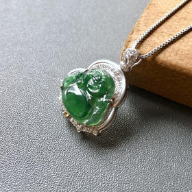 高冰种湖水绿翡翠弥勒佛18k白金钻石镶嵌