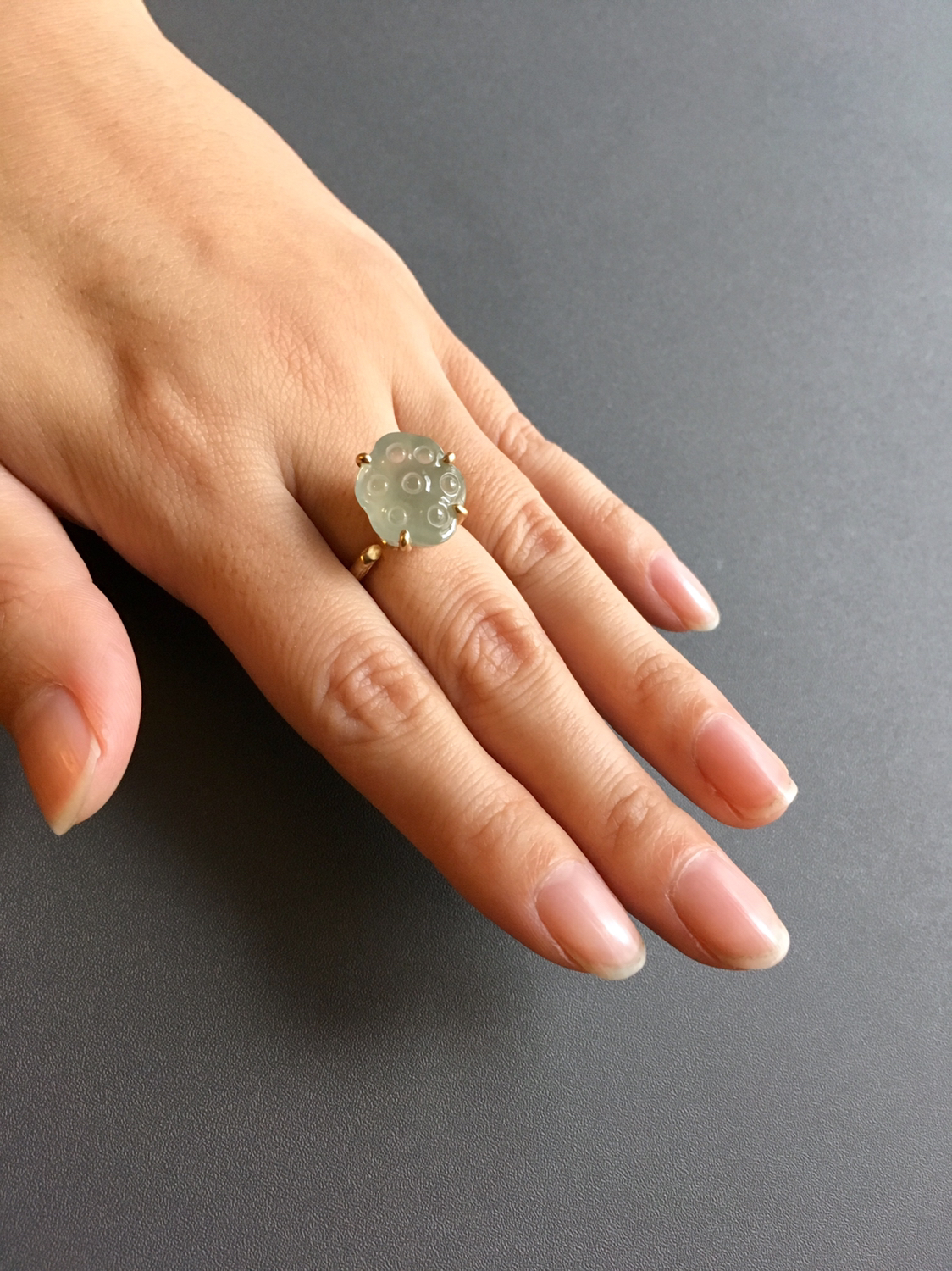 高冰种莲蓬翡翠戒指18k黄金镶嵌