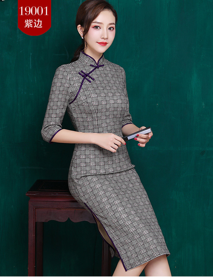 2018秋冬新款麂皮绒中袖旗袍气质修身立领宴会礼服jqy19001