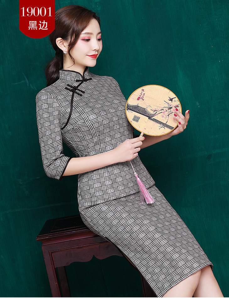 2018秋冬新款麂皮绒中袖旗袍气质修身立领宴会礼服jqy19001