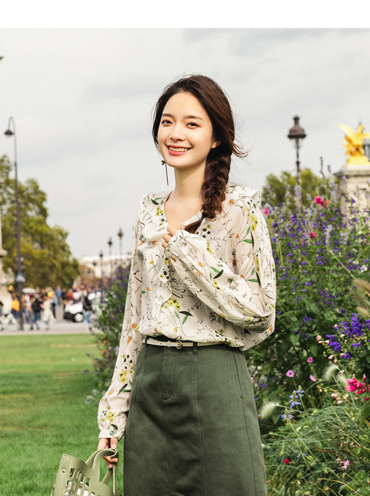 茵曼2019早春新款荷叶边v领小清新文艺宽松长袖碎花衬衣女花衬衫