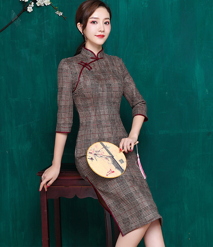 2018秋冬新款麂皮绒中袖旗袍气质修身立领宴会礼服jqy19001