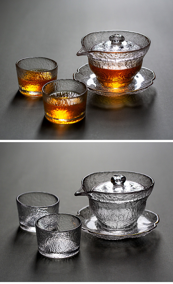 雅集手工日式锤纹加厚耐热玻璃三才盖碗泡茶器手抓壶功夫茶具套装