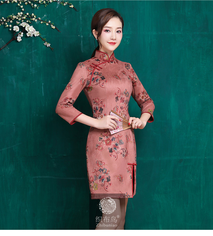 锦茵燕语高档麂皮绒面料修身旗袍jqy19002