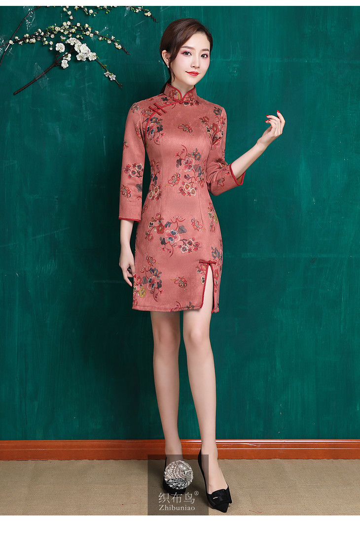 锦茵燕语高档麂皮绒面料修身旗袍jqy19002