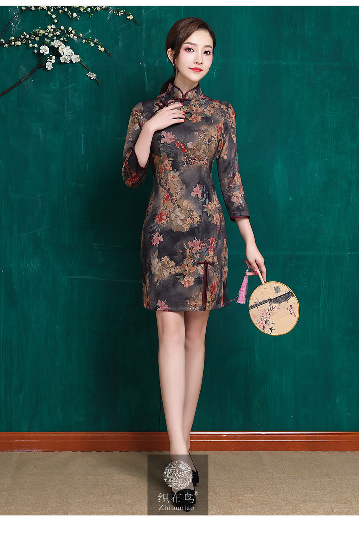 丽姿弄影高档麂皮绒面料修身旗袍jqy19002