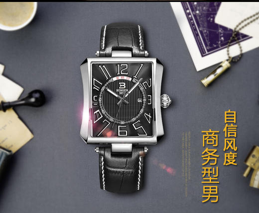 陈小春代言宾格BINGER手表男士时尚潮流方形男腕表星期日历 元素 商品图3