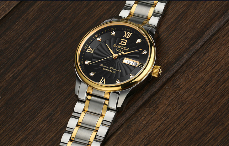 正品宾格手表男士全自动机械表潮流防水钻面时尚大风车