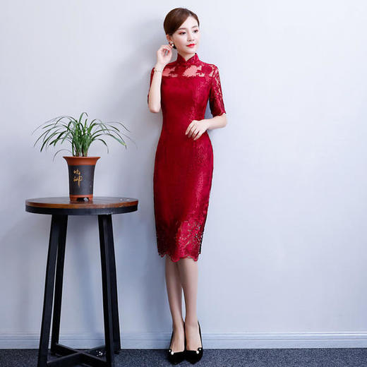 改良气质名媛风蕾丝中长款旗袍连衣裙CX-18108 商品图3