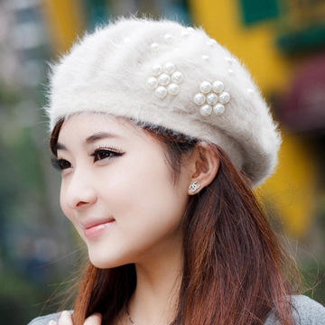 【服饰鞋包】女士冬天韩版潮珍珠兔毛针织冬季贝雷帽獭兔毛帽子 商品图1