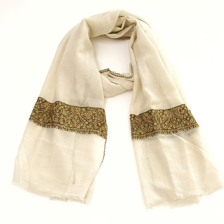 70cm宽米白色半绣克什米尔pashmina羊绒围巾