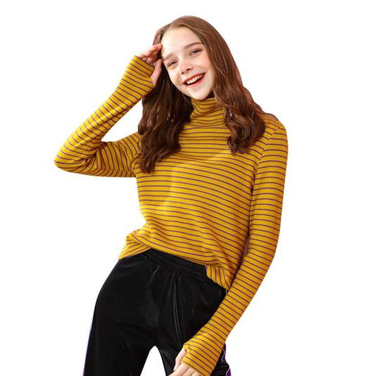 女士新款时尚优雅柔软舒适经典条纹高领打底衫011119